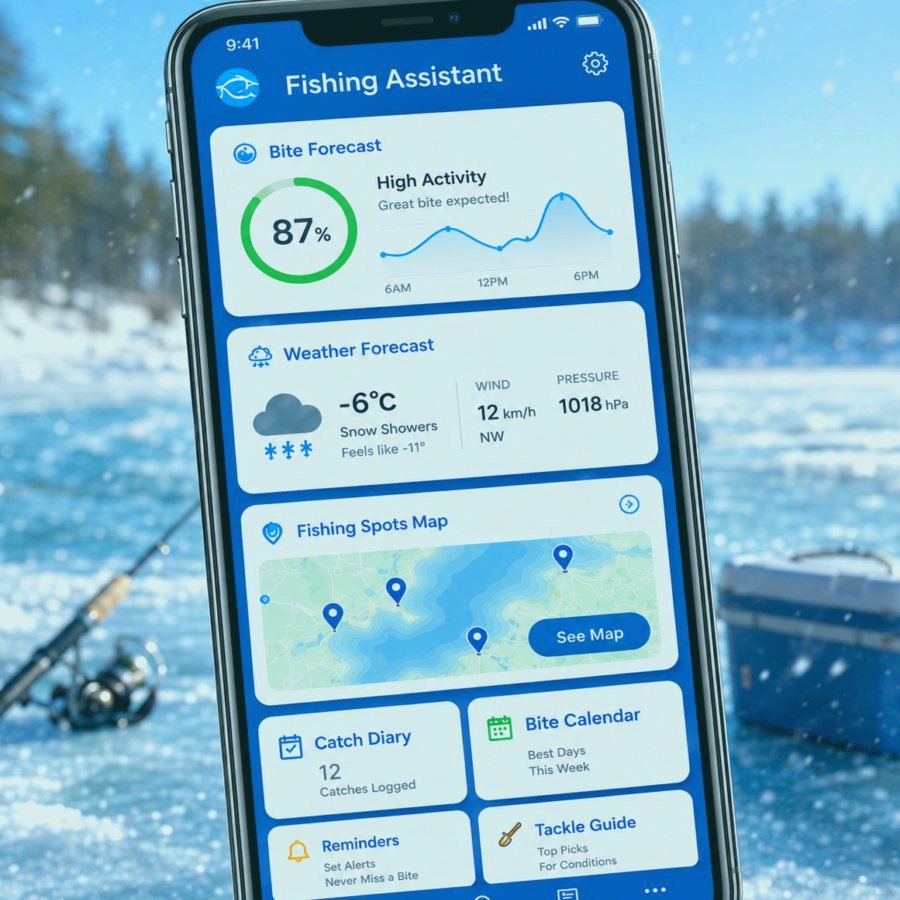 Fishing Assistant app screen with forecast and map