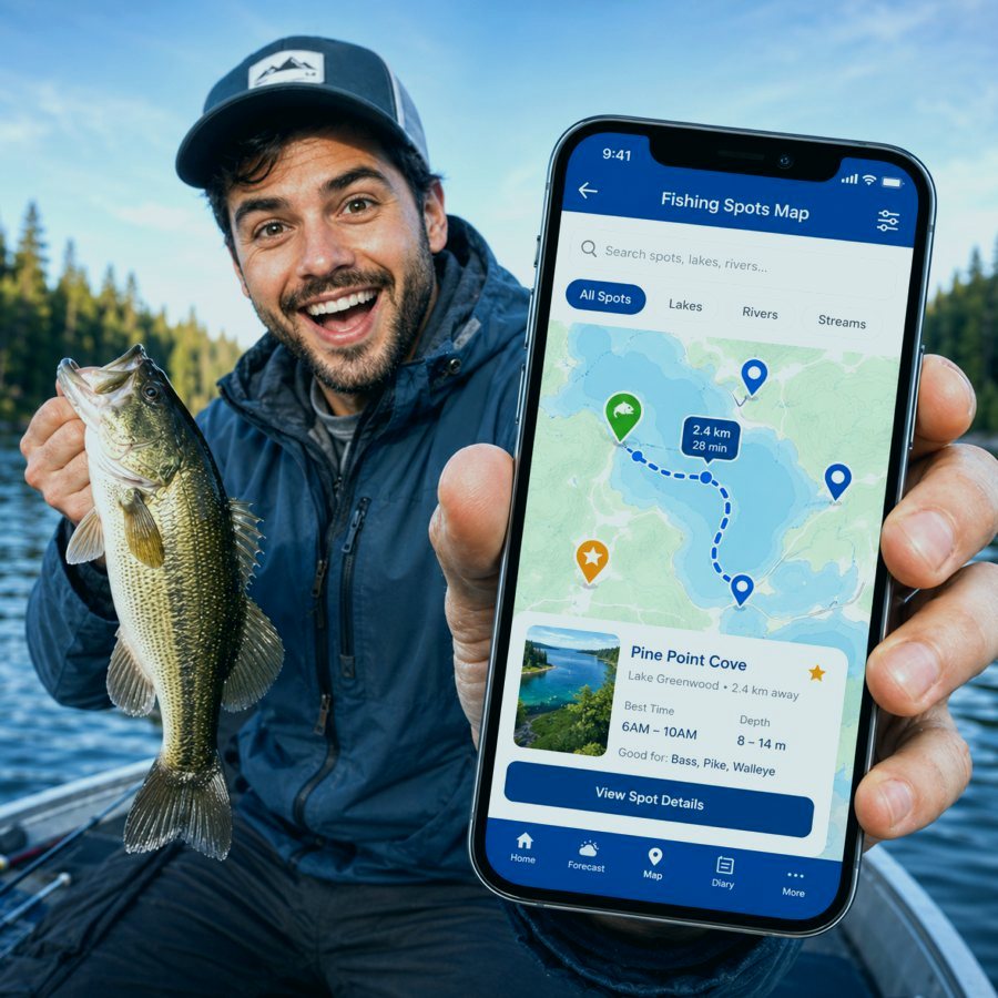 Fishing map screen with saved spots